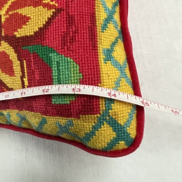 Vintage Needlepoint 15 Inch Pillow Retro Pink Red Black Flowers Velvet Colorful - Picture 6 of 6